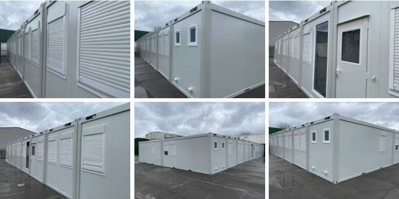 collage showing various angles of white modular buildings with shuttered windows, likely used for temporary offices or living spaces